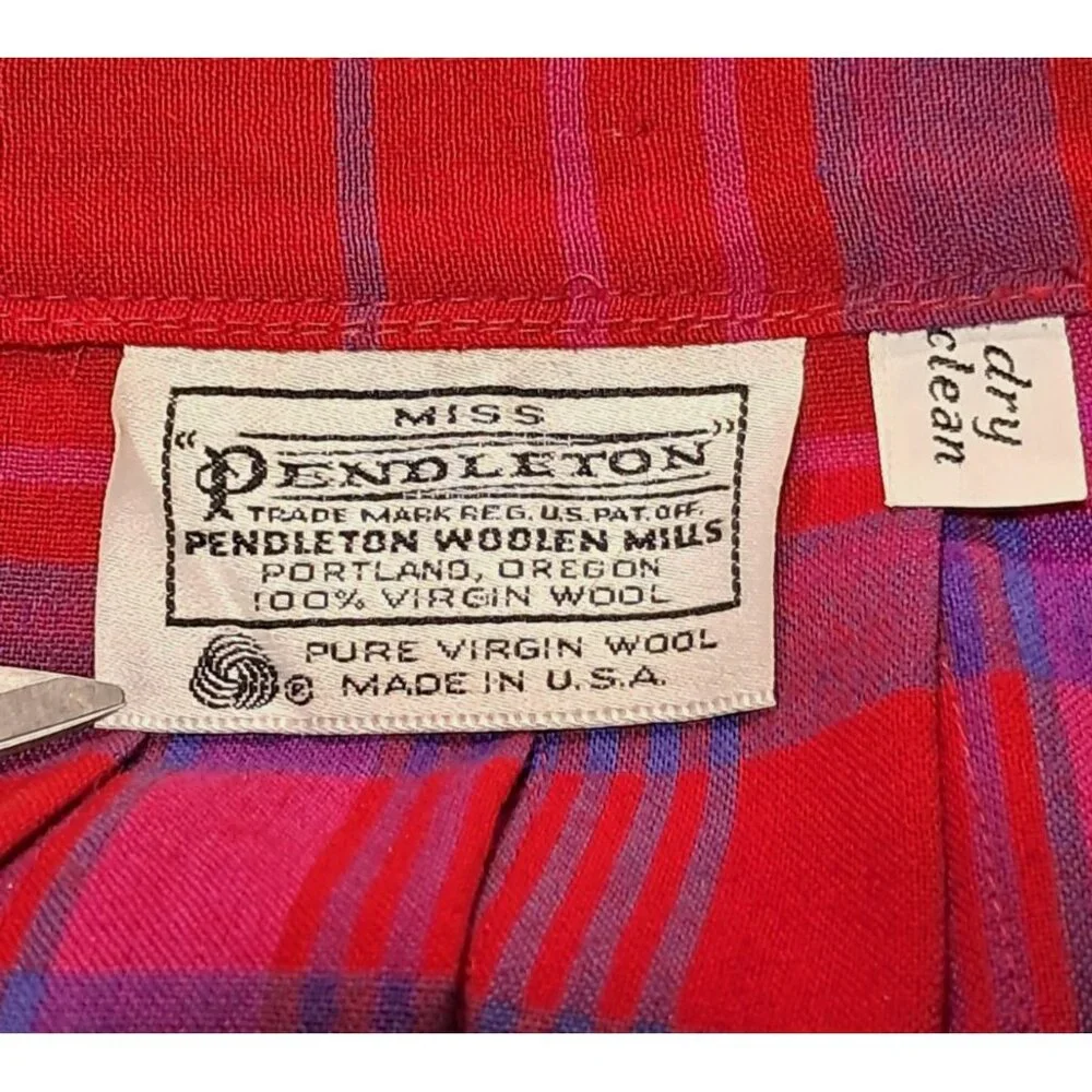 Pendleton Pleated Skirt Womens 6 / 8 Vintage Red Purple Plaid Wool Midi Made USA